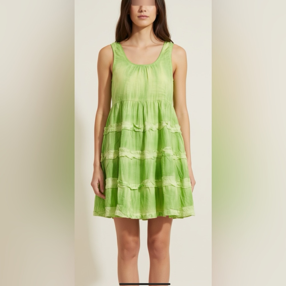 Anthropologie/RAGA 100% Cotton Lime Green Tiered Mini Dress Medium NWT